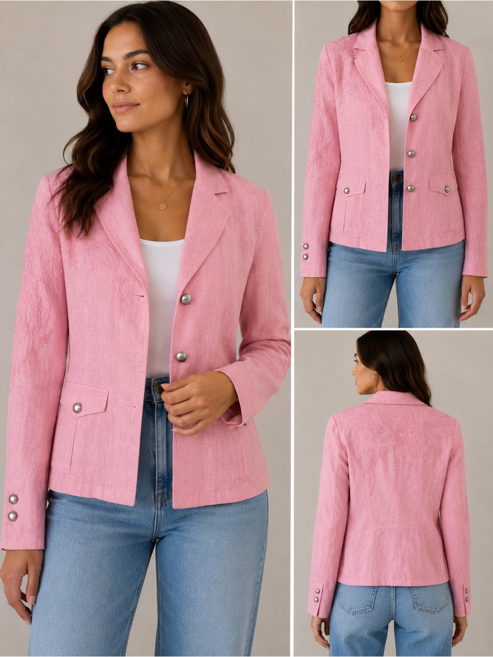 Together Pink Embroidered Linen Blend Blazer Size 6/ NWOT
